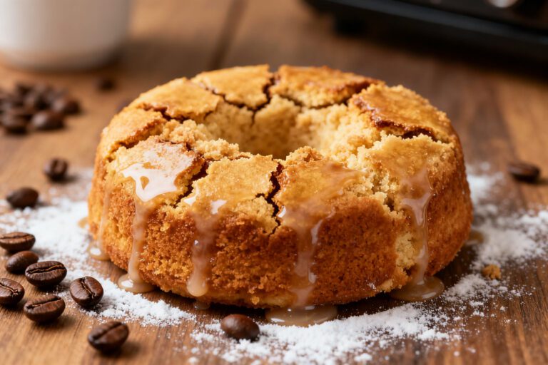 Air fryer coffee cake with a soft cinnamon swirled crumb, sweet glaze drizzle, and golden brown topping, served with coffee beans for a cozy homemade dessert.