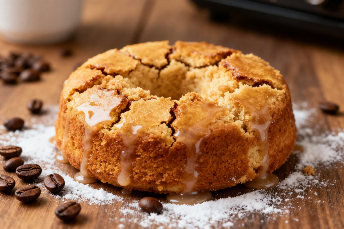 Air fryer coffee cake with a soft cinnamon swirled crumb, sweet glaze drizzle, and golden brown topping, served with coffee beans for a cozy homemade dessert.