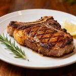 Air fryer ribeye steak with a perfectly seared crust and juicy center, served with fresh rosemary and a lemon wedge on a white plate.
