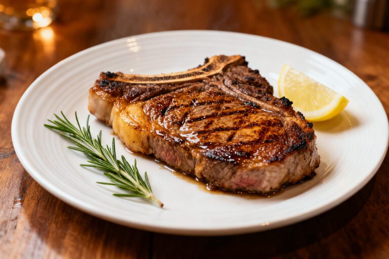 Air fryer ribeye steak with a perfectly seared crust and juicy center, served with fresh rosemary and a lemon wedge on a white plate.