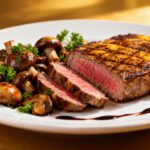 Air fryer steak and mushrooms with a juicy seared steak, tender sautéed mushrooms, and fresh parsley, served on a white plate for a quick and flavorful dinner.