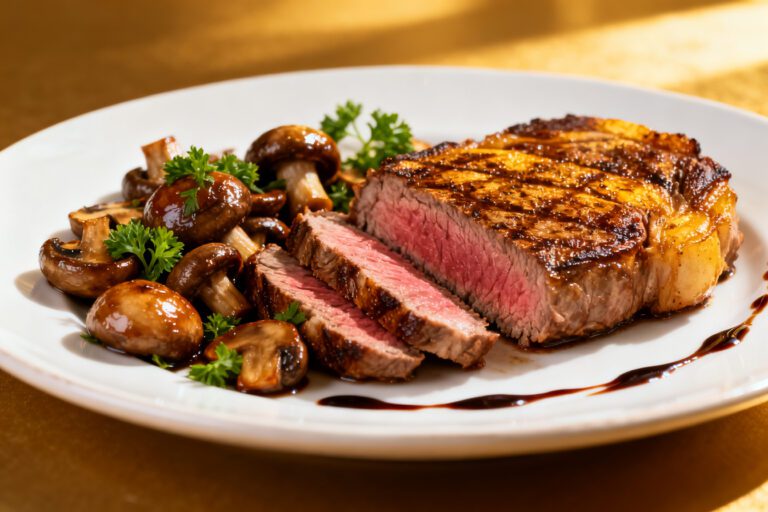 Air fryer steak and mushrooms with a juicy seared steak, tender sautéed mushrooms, and fresh parsley, served on a white plate for a quick and flavorful dinner.