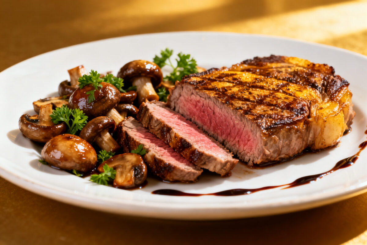 Air fryer steak and mushrooms with a juicy seared steak, tender sautéed mushrooms, and fresh parsley, served on a white plate for a quick and flavorful dinner.