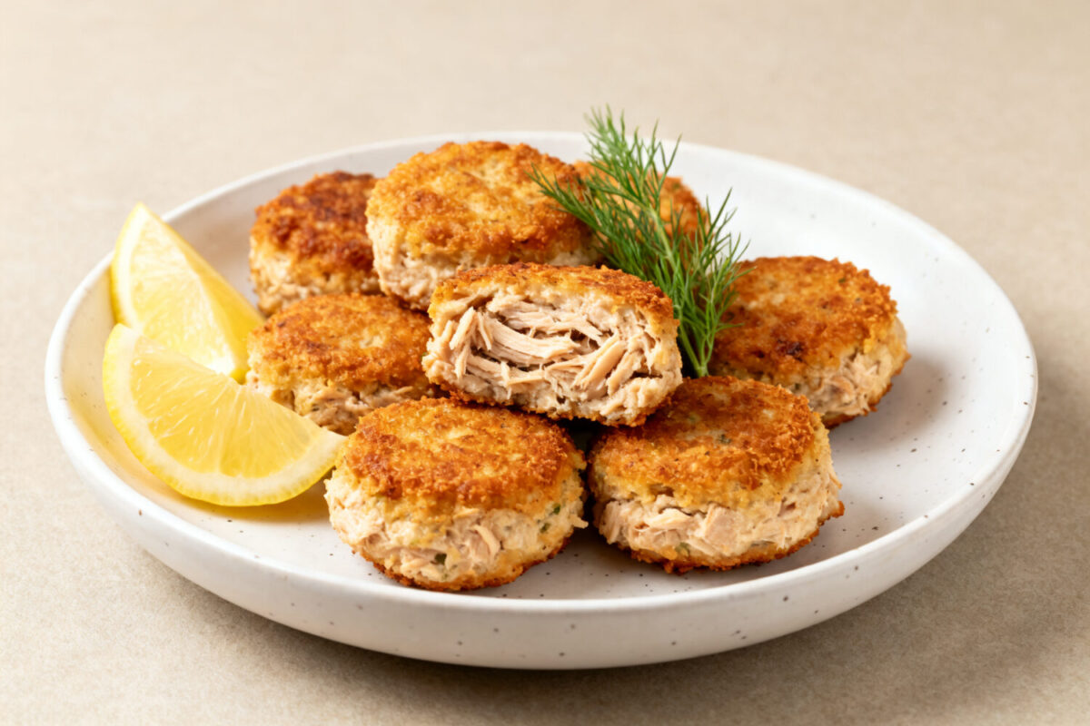 Air fryer tuna bites with a crispy golden crust and tender flaky tuna filling, served with lemon wedges and fresh dill on a white plate.
