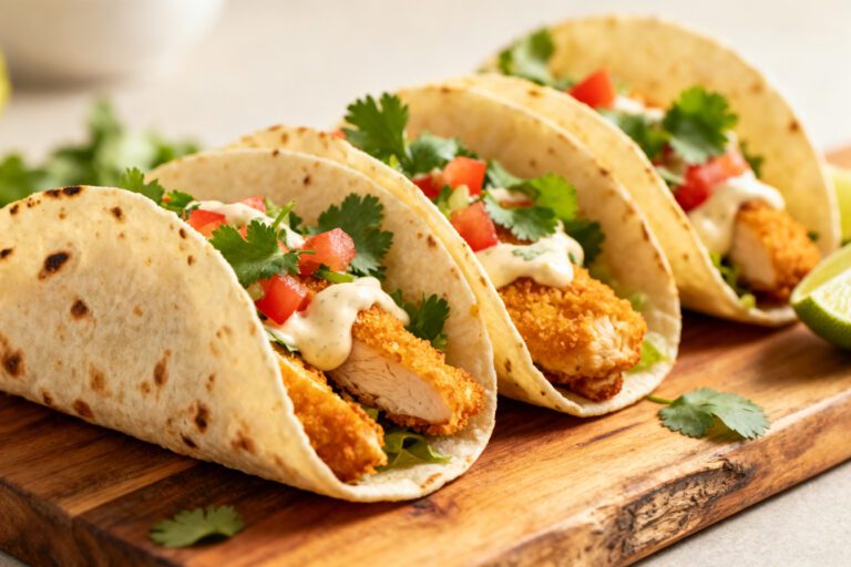 Air fryer chicken tacos with crispy breaded chicken, fresh lettuce, diced tomatoes, cilantro, and creamy sauce in soft tortillas, served with lime wedges.