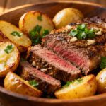 Air fryer garlic steak and potatoes with a juicy seared steak, roasted baby potatoes, garlic butter, and fresh parsley, served in a rustic wooden bowl.