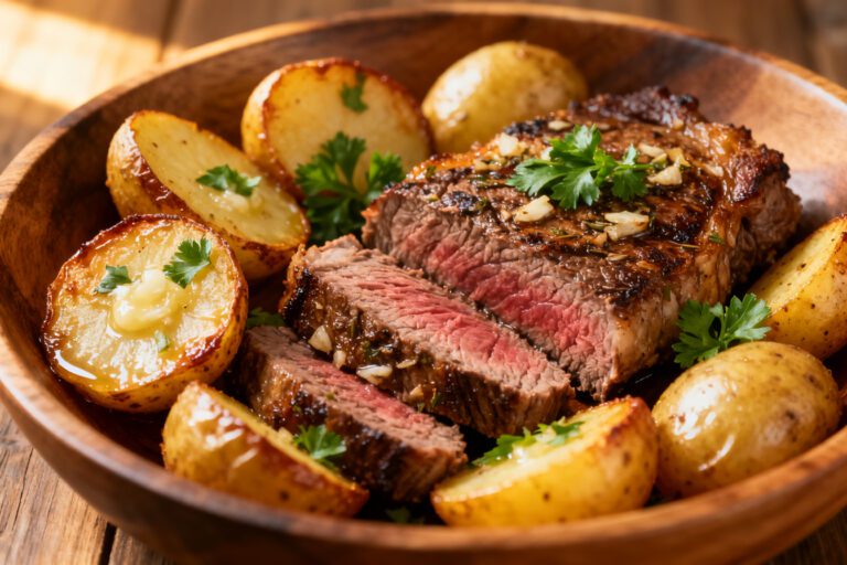 Air fryer garlic steak and potatoes with a juicy seared steak, roasted baby potatoes, garlic butter, and fresh parsley, served in a rustic wooden bowl.