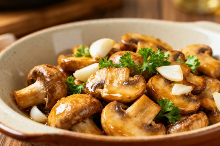 Air fryer garlic mushrooms roasted until golden brown and tender, tossed with garlic cloves, fresh parsley, and a savory buttery glaze in a serving bowl.