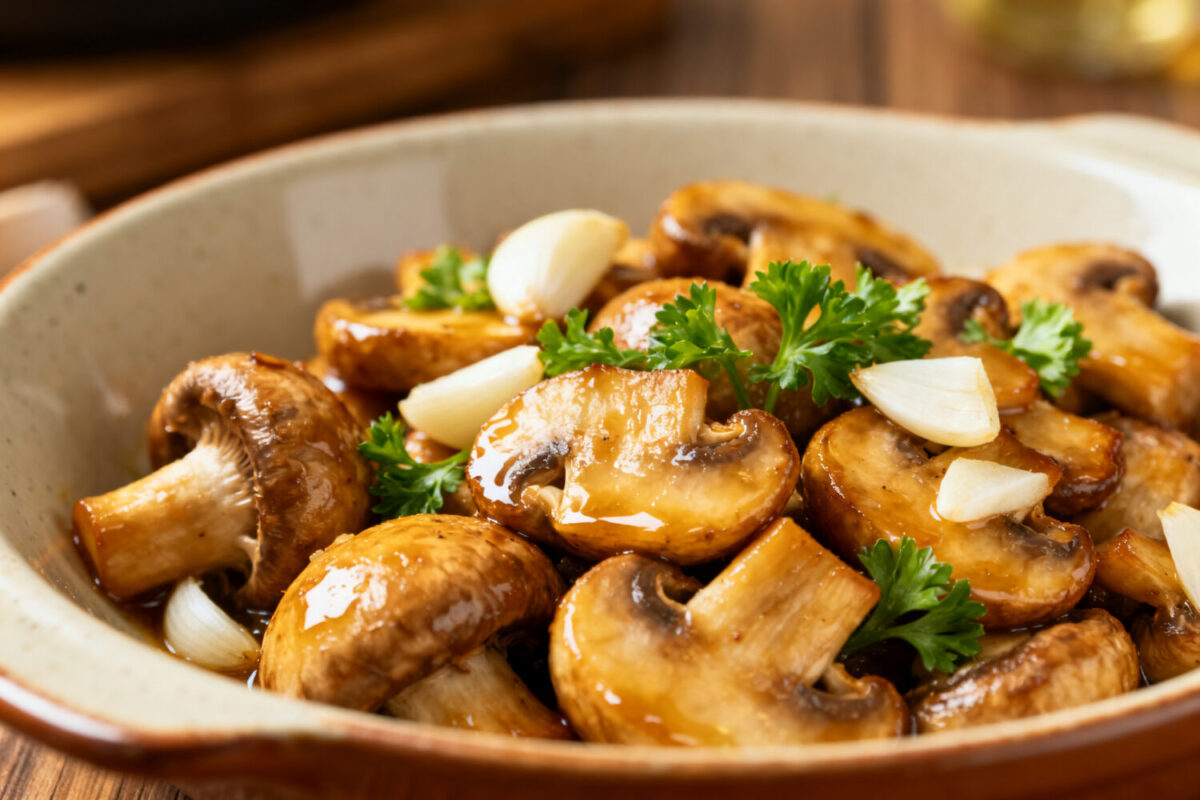 Air fryer garlic mushrooms roasted until golden brown and tender, tossed with garlic cloves, fresh parsley, and a savory buttery glaze in a serving bowl.