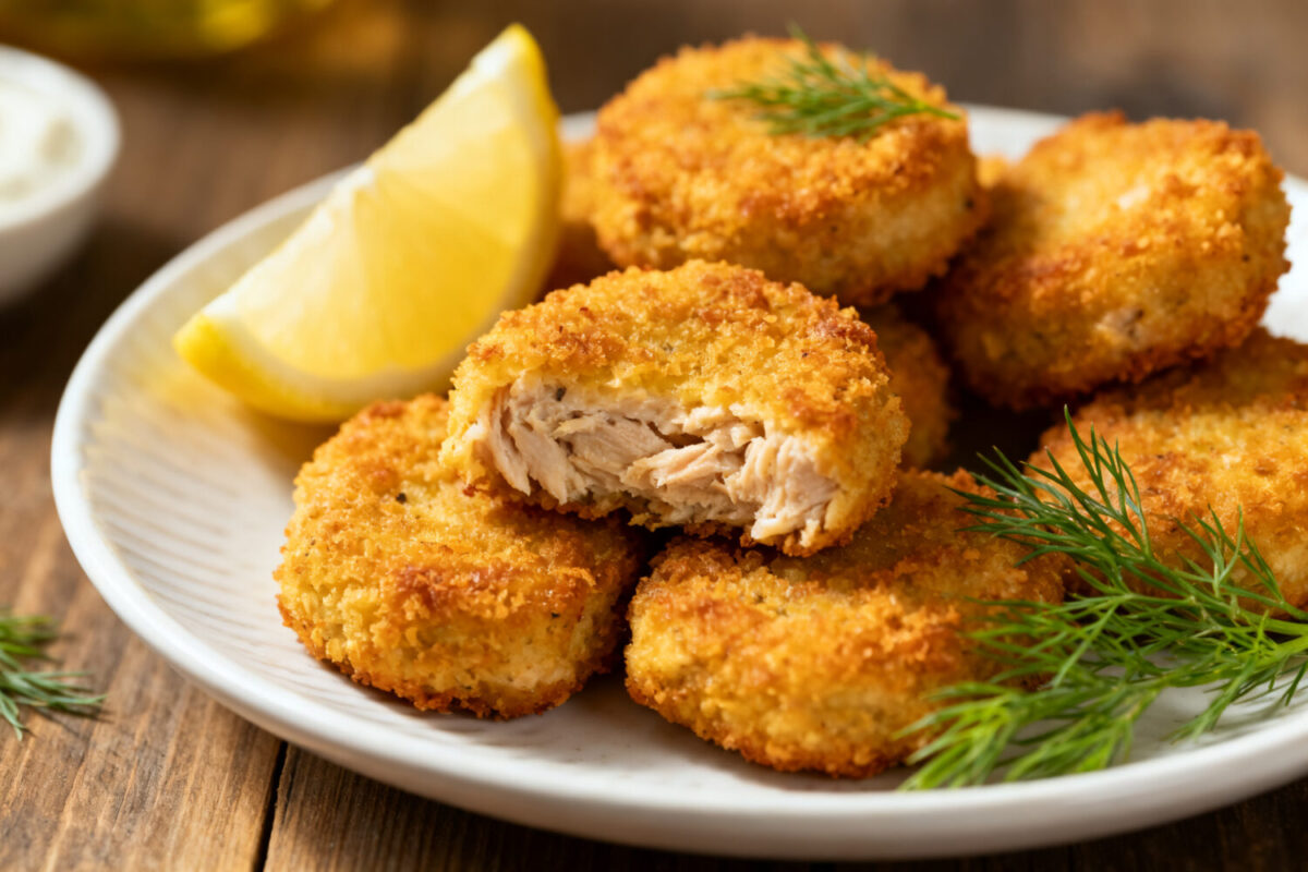 Air fryer tuna nuggets with a crispy golden breadcrumb coating and tender flaky tuna center, served with lemon wedges and fresh dill on a white plate.