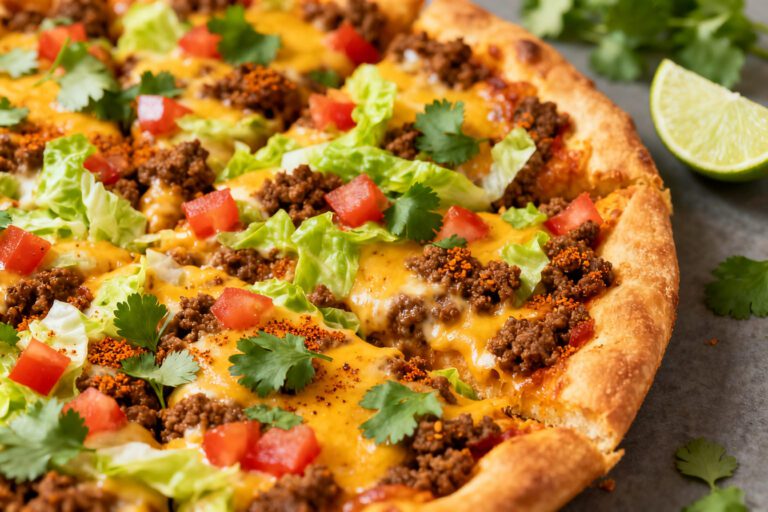 Air fryer taco pizza topped with seasoned ground beef, melted cheddar cheese, shredded lettuce, diced tomatoes, fresh cilantro, and lime wedges on a crispy pizza crust.