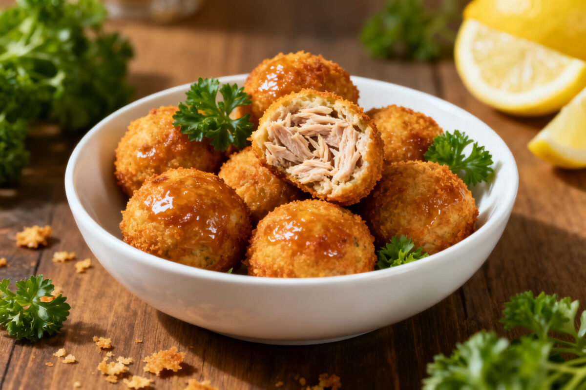 Air fryer tuna balls with a crispy golden breadcrumb coating and tender flaky tuna filling, served with lemon wedges and fresh parsley in a white bowl.