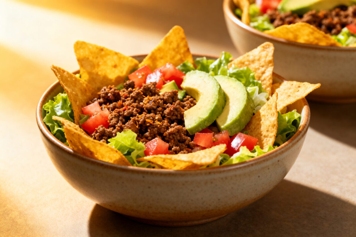 Air fryer taco salad bowls filled with seasoned ground beef, crisp lettuce, diced tomatoes, avocado slices, and tortilla chips for a fresh and flavorful meal.