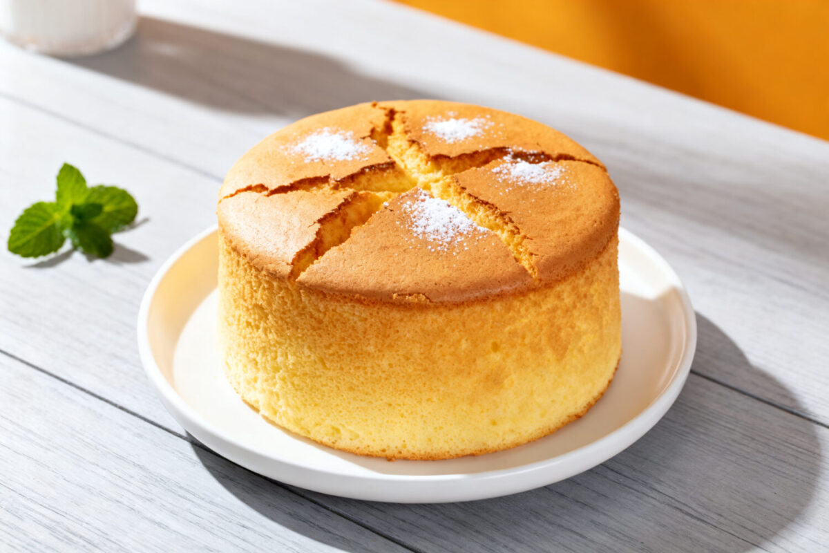 Air fryer sponge cake with a light and fluffy texture, golden brown top, and delicate crumb, dusted with powdered sugar and served on a white plate.