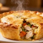 Air fryer chicken pot pie with a flaky golden crust and creamy chicken and vegetable filling, served hot with tender chicken, carrots, peas, and potatoes.