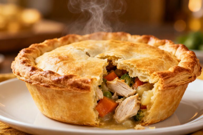 Air fryer chicken pot pie with a flaky golden crust and creamy chicken and vegetable filling, served hot with tender chicken, carrots, peas, and potatoes.