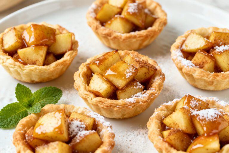 Air fryer apple cinnamon bites baked in flaky pastry cups and filled with warm cinnamon apples, finished with powdered sugar for an easy dessert.