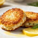 Air fryer fish cakes with a crispy golden crust and tender flaky fish filling, served with fresh dill and lemon wedges on a white plate.