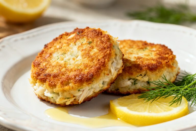 Air fryer fish cakes with a crispy golden crust and tender flaky fish filling, served with fresh dill and lemon wedges on a white plate.