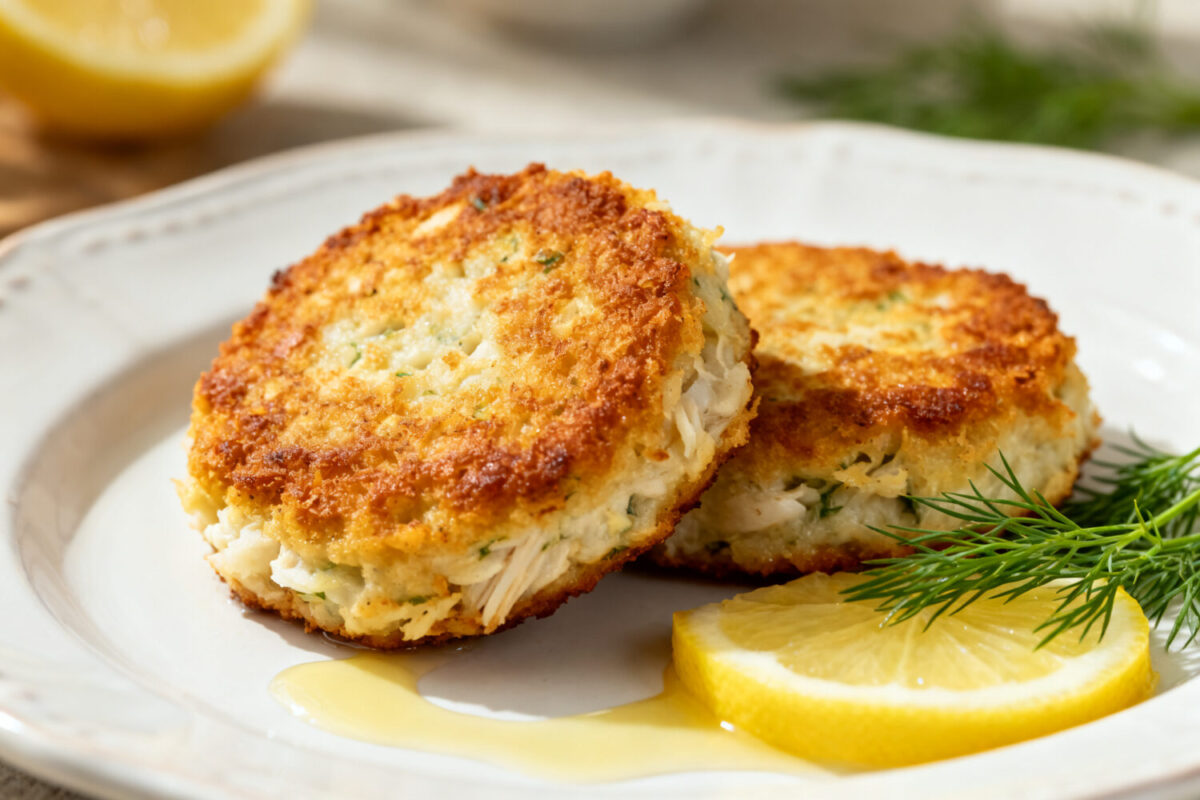 Air fryer fish cakes with a crispy golden crust and tender flaky fish filling, served with fresh dill and lemon wedges on a white plate.