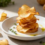 Air fryer potato peel chips stacked on a plate with a crispy golden texture, lightly seasoned and drizzled with olive oil for a crunchy homemade snack.