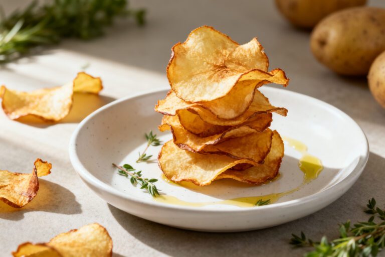 Air fryer potato peel chips stacked on a plate with a crispy golden texture, lightly seasoned and drizzled with olive oil for a crunchy homemade snack.