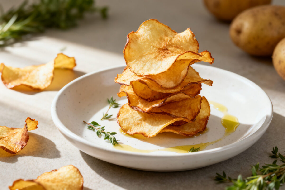 Air fryer potato peel chips stacked on a plate with a crispy golden texture, lightly seasoned and drizzled with olive oil for a crunchy homemade snack.