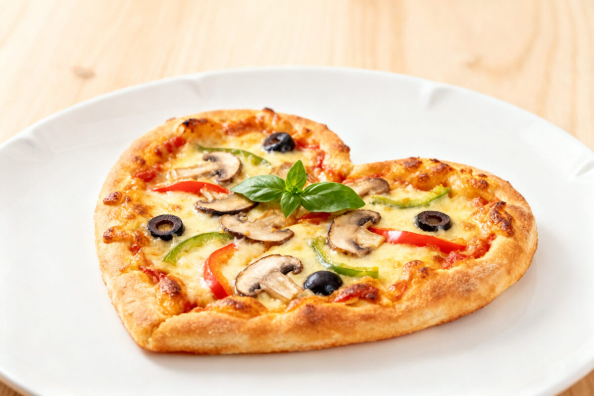 Air fryer heart shaped pizza topped with melted mozzarella cheese, mushrooms, black olives, bell peppers, and fresh basil on a crispy golden crust.