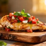 Air fryer bruschetta chicken topped with fresh diced tomatoes, basil, and garlic, served on a juicy seasoned chicken breast with a drizzle of olive oil.