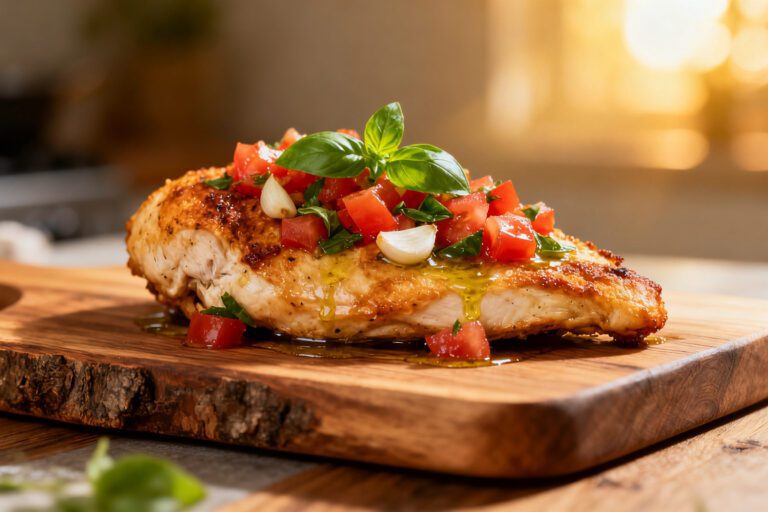Air fryer bruschetta chicken topped with fresh diced tomatoes, basil, and garlic, served on a juicy seasoned chicken breast with a drizzle of olive oil.