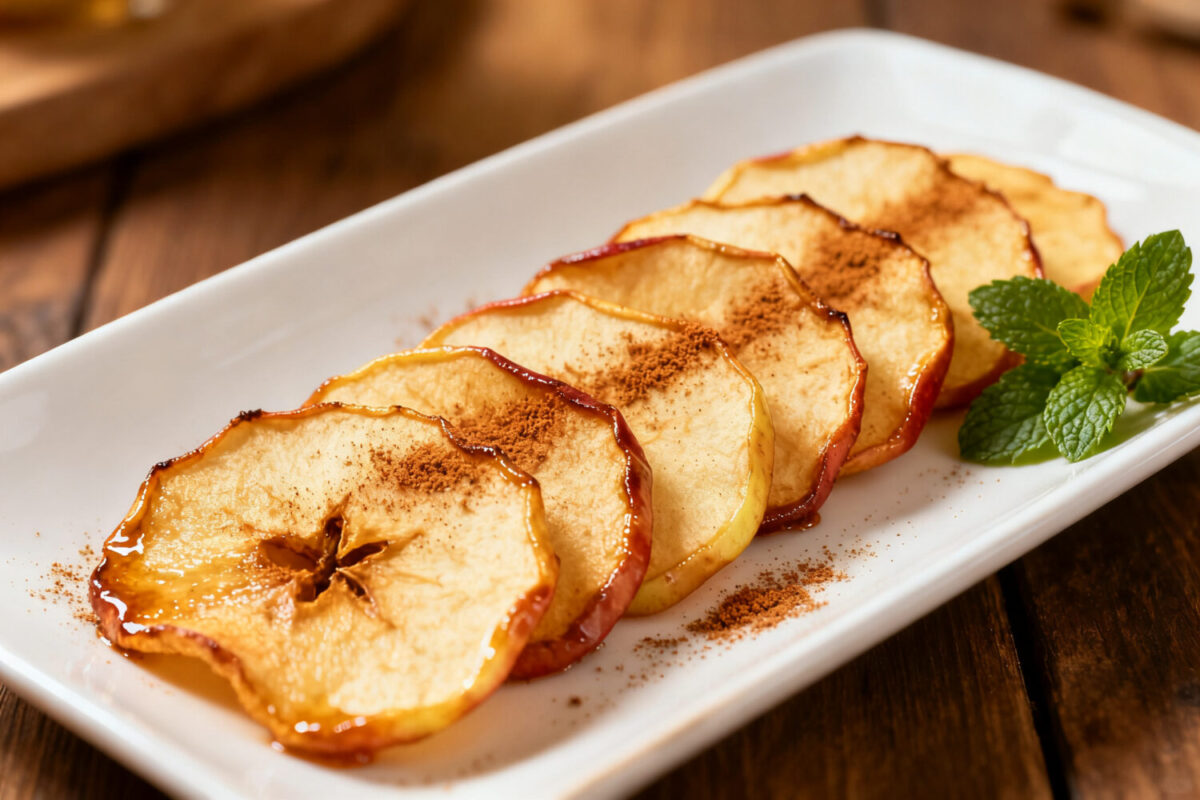 Air fryer cinnamon apple chips made with thinly sliced apples, lightly dusted with cinnamon, and crisped until golden. A sweet and healthy homemade snack.