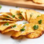 Air fryer zero carb tortilla chips baked until crispy and golden, seasoned with salt and herbs, and served as a crunchy keto friendly snack.