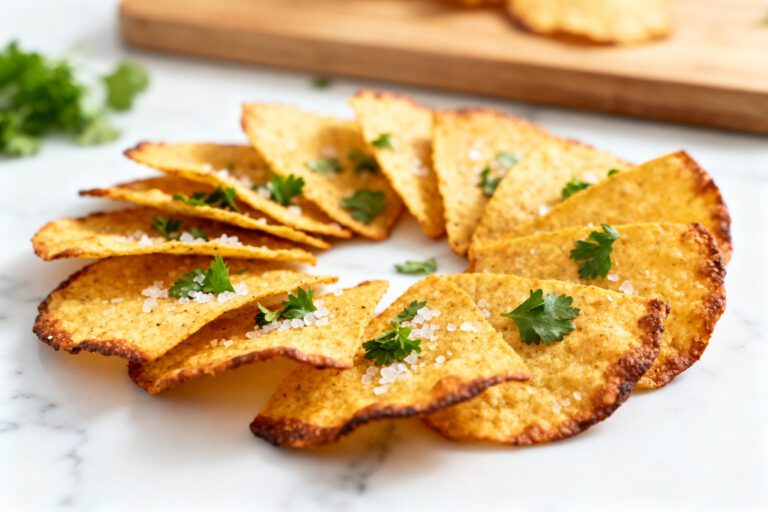 Air fryer zero carb tortilla chips baked until crispy and golden, seasoned with salt and herbs, and served as a crunchy keto friendly snack.
