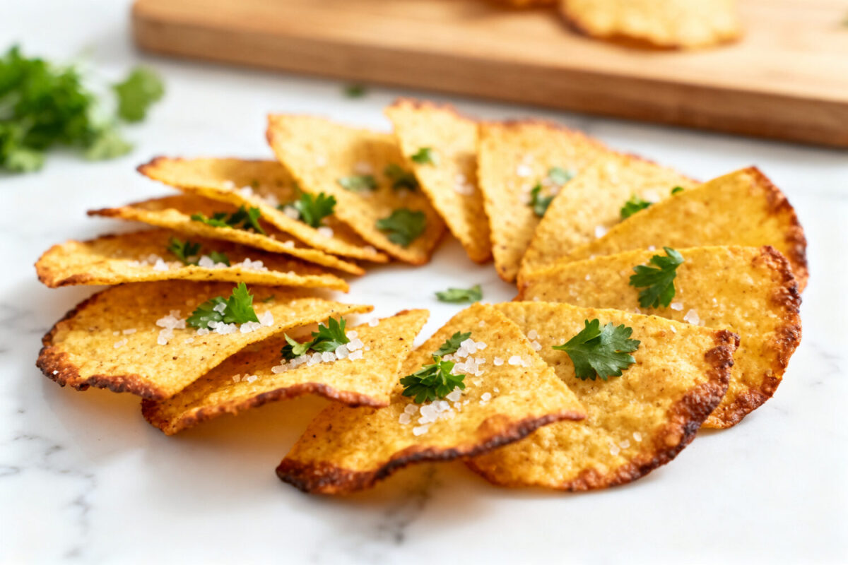 Air fryer zero carb tortilla chips baked until crispy and golden, seasoned with salt and herbs, and served as a crunchy keto friendly snack.