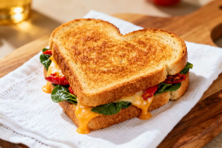 Air fryer heart shaped sandwich with crispy golden toasted bread, melted cheese, fresh spinach, and tomatoes, served as a cute and comforting meal.