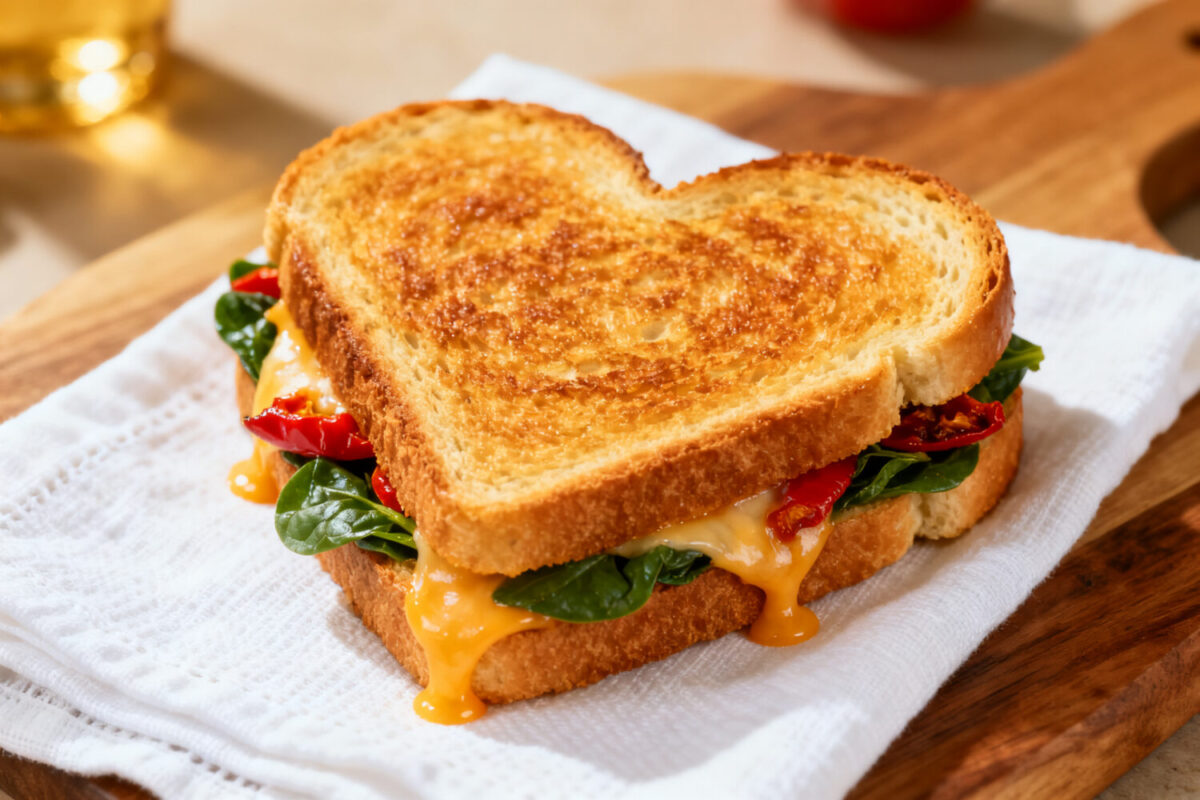 Air fryer heart shaped sandwich with crispy golden toasted bread, melted cheese, fresh spinach, and tomatoes, served as a cute and comforting meal.