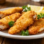 Air fryer battered chicken tenders with a crispy golden coating and juicy white meat interior, served with lemon wedges and fresh parsley on a white plate.