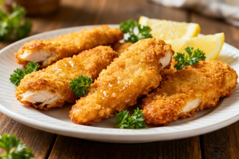Air fryer battered chicken tenders with a crispy golden coating and juicy white meat interior, served with lemon wedges and fresh parsley on a white plate.