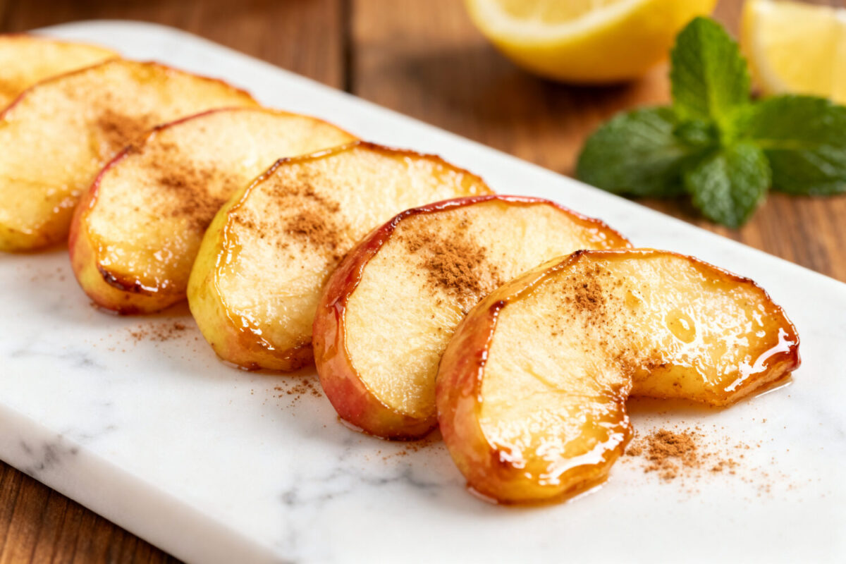 Air fryer apple slices coated with cinnamon and lightly caramelized, served on a platter as a warm and sweet snack with fresh mint garnish.