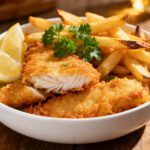 Air fryer frozen fish and chips with crispy breaded fish fillets, golden french fries, lemon wedges, and fresh parsley, served in a bowl for a classic comfort meal.