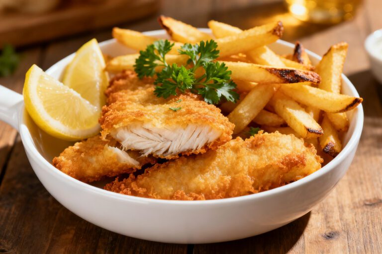 Air fryer frozen fish and chips with crispy breaded fish fillets, golden french fries, lemon wedges, and fresh parsley, served in a bowl for a classic comfort meal.