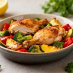 Air fryer chicken and vegetables with juicy roasted chicken, broccoli, zucchini, red bell peppers, and yellow squash, served in a rustic bowl for a wholesome weeknight dinner.