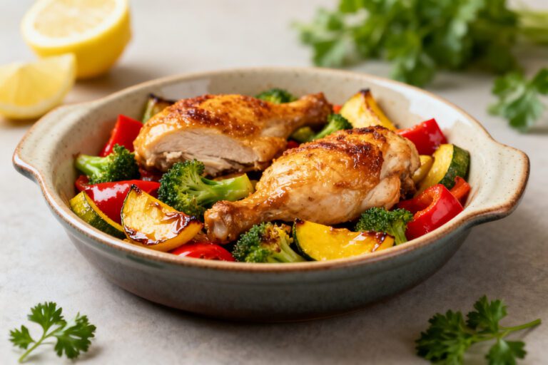 Air fryer chicken and vegetables with juicy roasted chicken, broccoli, zucchini, red bell peppers, and yellow squash, served in a rustic bowl for a wholesome weeknight dinner.