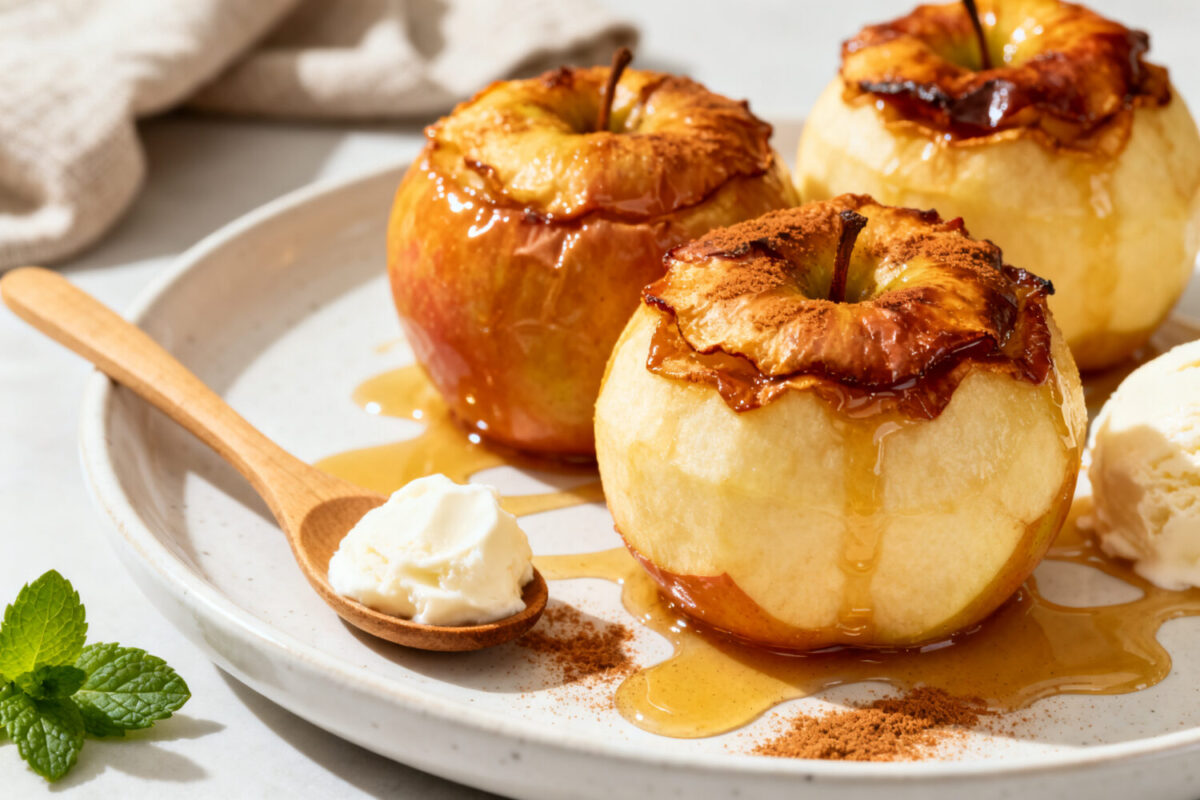 Air fryer baked apples with tender roasted apples, warm cinnamon spice, and a sweet caramel drizzle, served with a dollop of cream for a cozy homemade dessert.