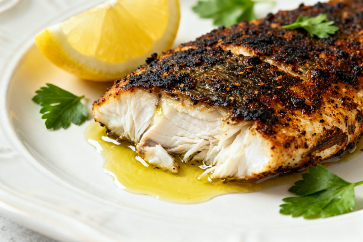 Air fryer blackened fish with a bold spicy seasoning crust, flaky white fish interior, and a drizzle of butter, served with lemon wedges and fresh parsley.