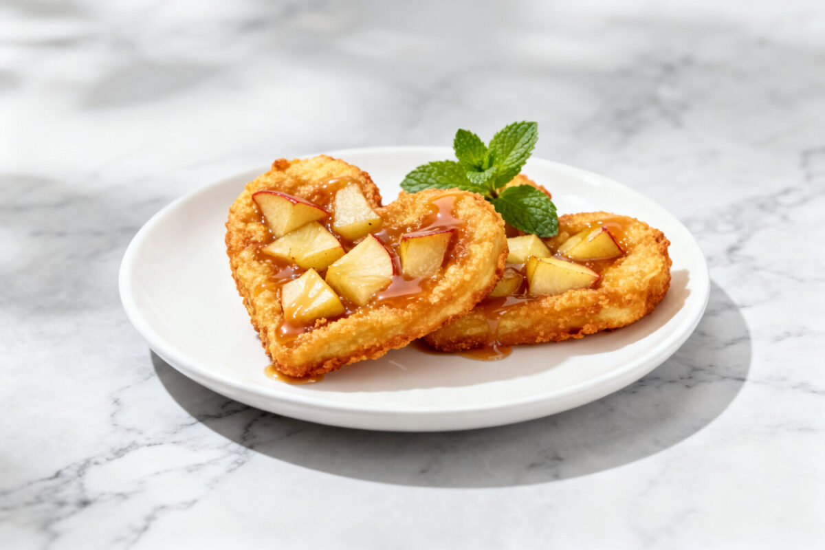 Air fryer heart shaped apple fritters with a crispy golden exterior, tender apple pieces, and a sweet glaze drizzle, served on a white plate with fresh mint.