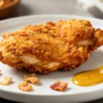 Air fryer pork rind chicken with a crispy low carb pork rind coating, juicy chicken interior, and golden brown crust, served with mustard sauce and crunchy bacon pieces.