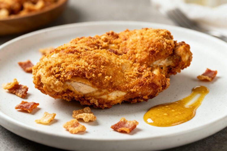 Air fryer pork rind chicken with a crispy low carb pork rind coating, juicy chicken interior, and golden brown crust, served with mustard sauce and crunchy bacon pieces.