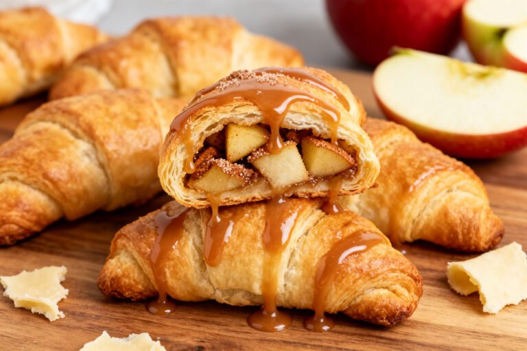 Air fryer apple crescent rolls with flaky golden pastry, warm cinnamon apple filling, and a sweet caramel drizzle, served as an easy homemade dessert.