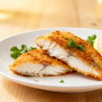 Air fryer keto fish with a crispy low carb coating and tender flaky white fish, served with lemon wedges and fresh parsley on a white plate.